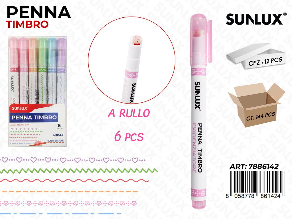 Sunlux Penna Timbro a Rullo 6PCS Ass.