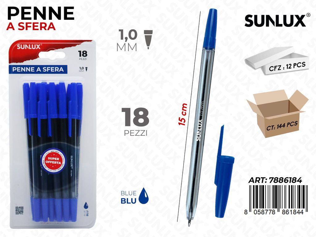 Sunlux Penne a Sfera Blu 18PCS 1.0MM 15CM