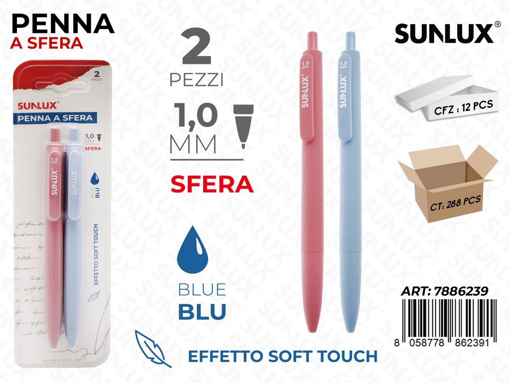 Sunlux Penna a Sfera Soft Touch Blu 2PCS 1.0MM