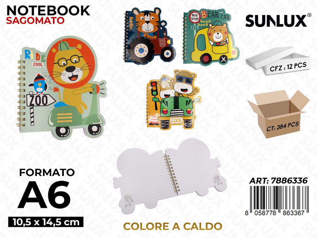 Sunlux Notebook Sagomato Col. Caldo Ass. A6 10.5*14.5CM / Pz da 12