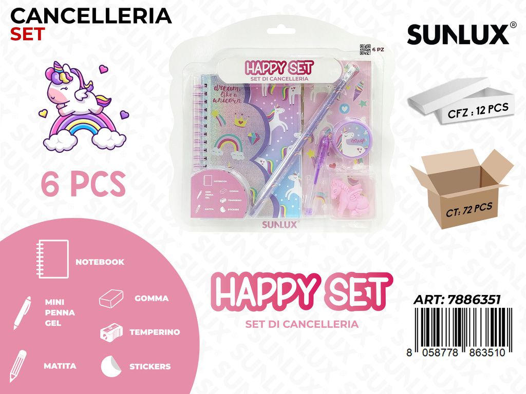 Happy Set Cancelleria Unicorn 6Pcs Ass.