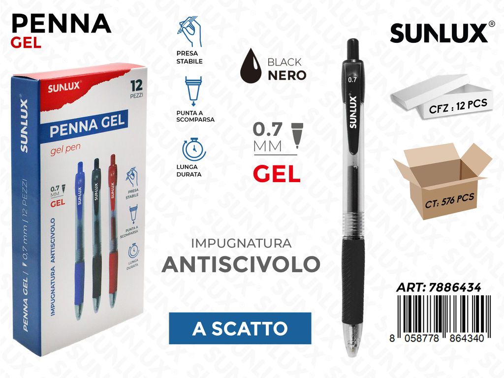 Sunlux Penne Gel a Scatto Nero 0.7MM