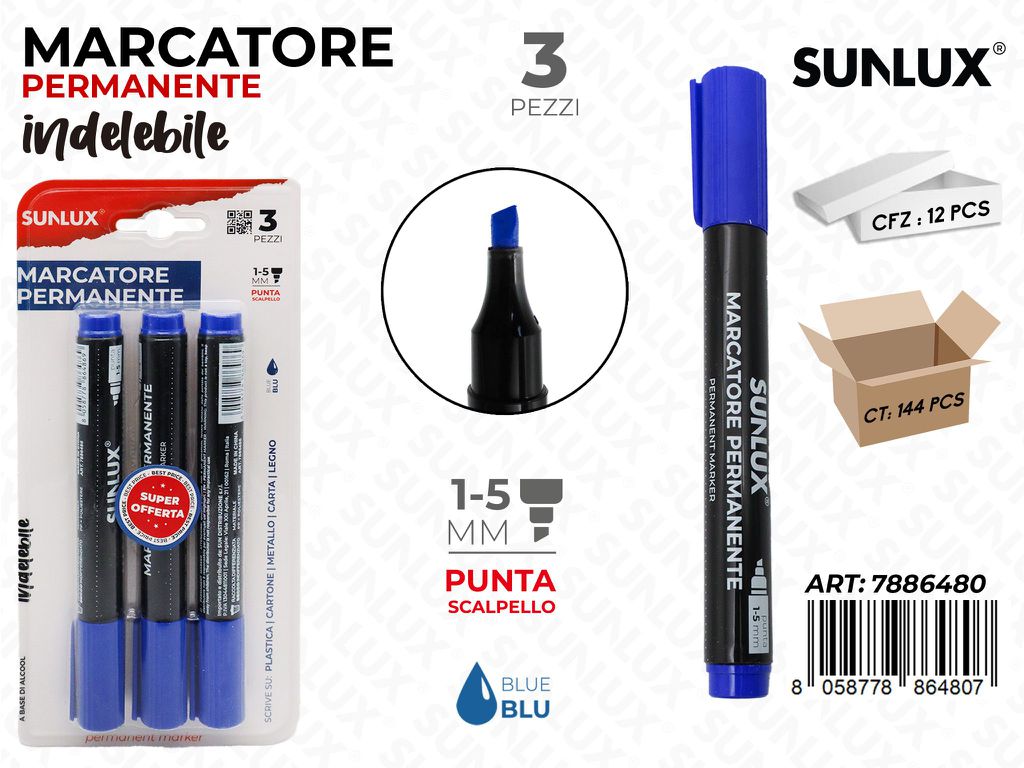 Sunlux Bl. Marcatore Perman. Indel. Blu 3PCS 1-5MM