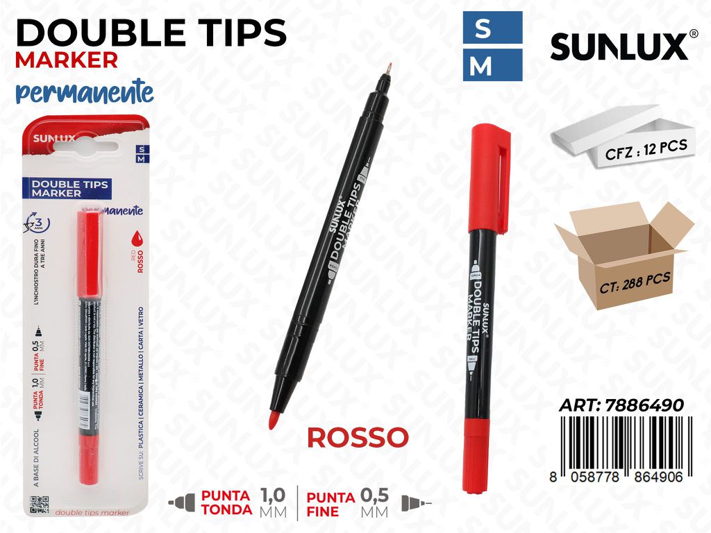 Sunlux Double Tips Marker Perm. Rosso