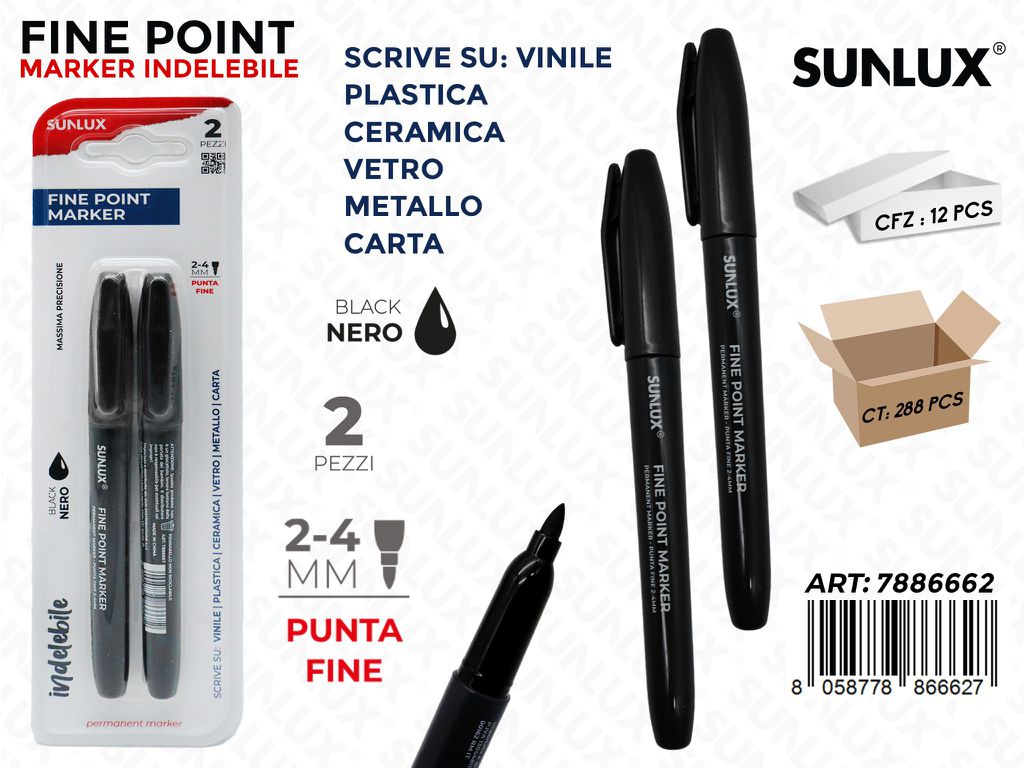 Sunlux Fine Point Marker Indel. 2PCS Nero 2-4MM