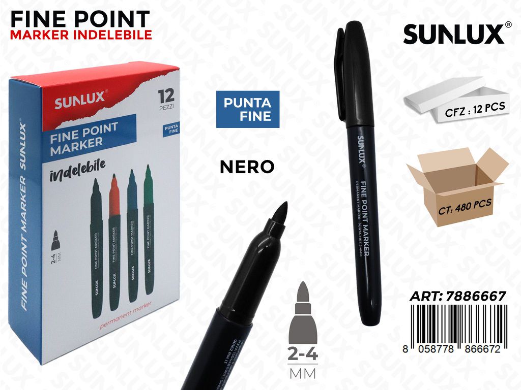 Sunlux Fine Point Marker Indel. Nero 2-4MM
