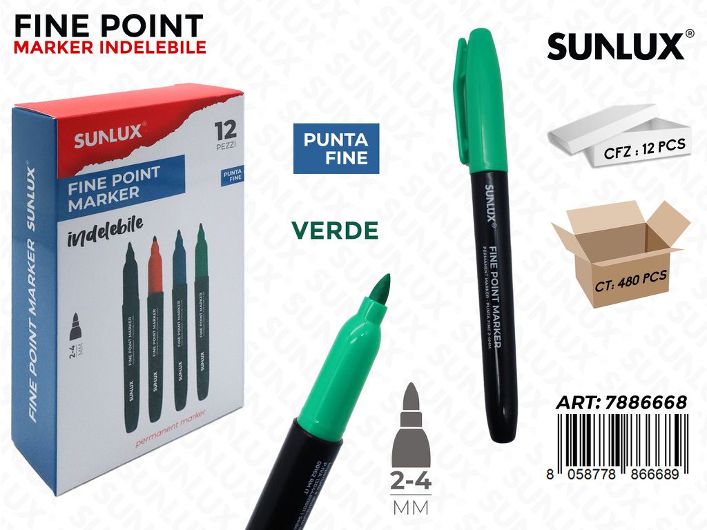 Sunlux Fine Point Marker Indel. Verde 2-4MM