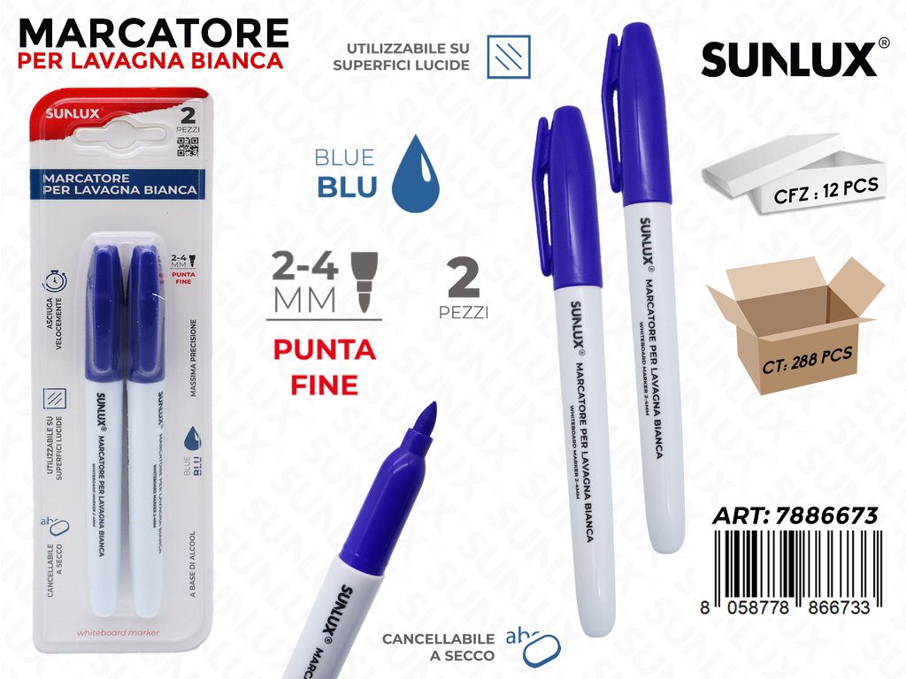 Sunlux Marcatore Lavagna 2PCS Blu 2-4MM