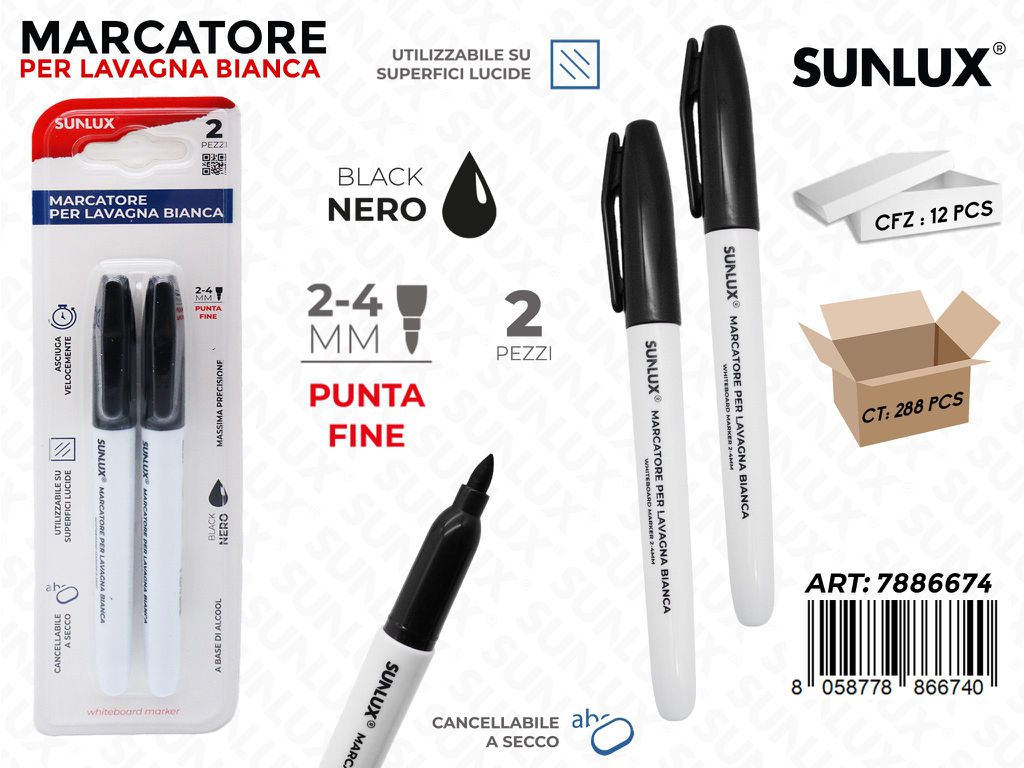 Sunlux Marcatore Lavagna 2PCS Nero 2-4MM