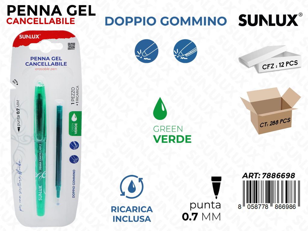 Sunlux Penna Gel Cancell.verde c/ Ricarica 0.7MM