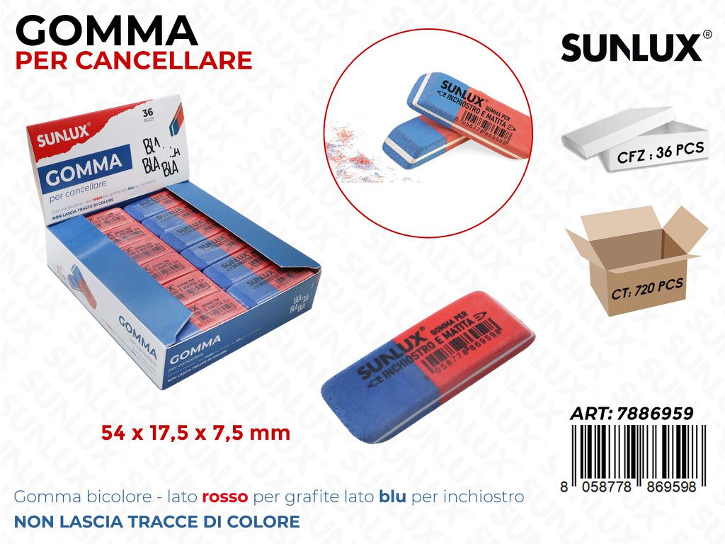 Sunlux Gomma per Cancellare Bicolore 54*17.5*7.5MM