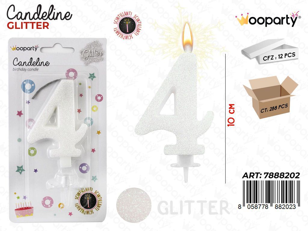CANDELE GLITTERATE BIANCO 8CM N.4 /PZ DA 12**CFZ
