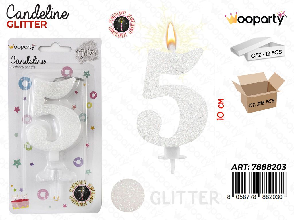 CANDELE GLITTERATE BIANCO 8CM N.5 /PZ DA 12**CFZ