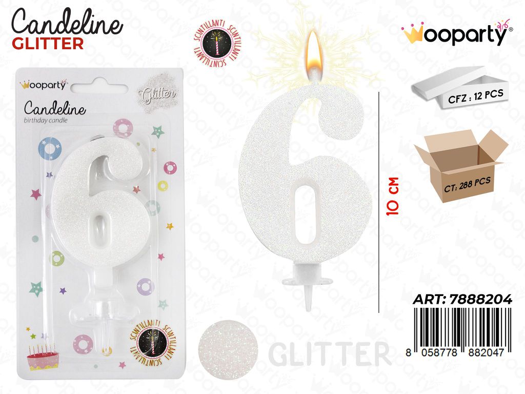 CANDELE GLITTERATE BIANCO 8CM N.6 /PZ DA 12**CFZ