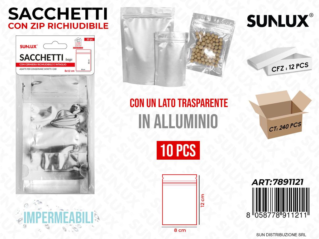 Sacchetti c/ Zip per Cibo Allum. 10PCS 8*12CM