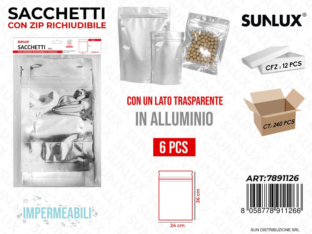 Sacchetti c/ Zip per Cibo Allum. 6PCS 24*36CM