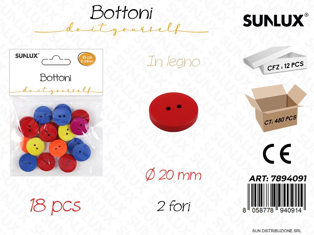 Bottoni in Legno Col. Ass. 18PCS D.20MM