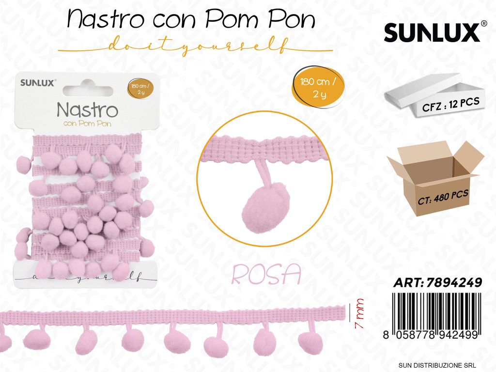 Nastro con Pom Pon Rosa 7MM*180CM