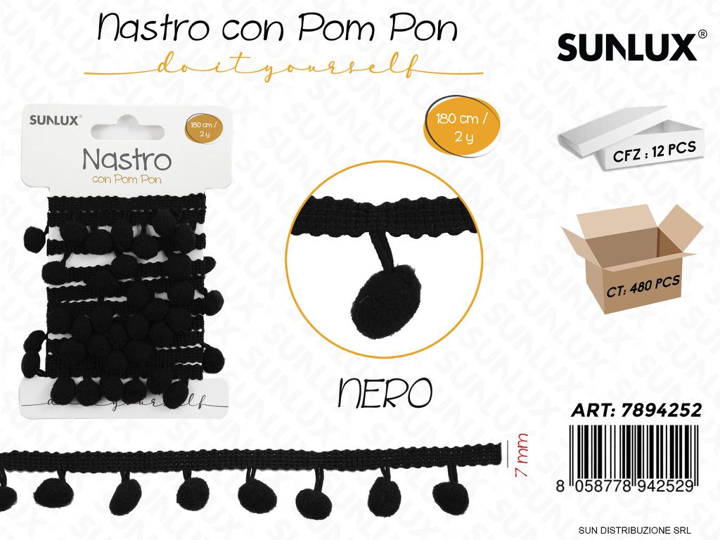 Nastro con Pom Pon Nero 7MM*180CM