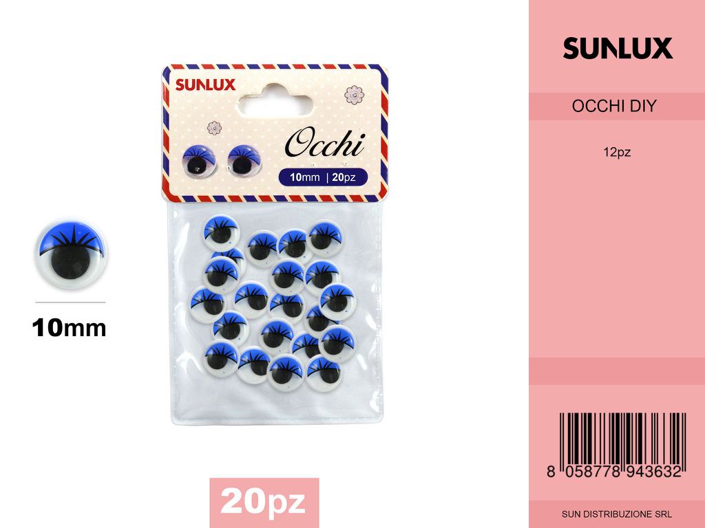 Occhi con Ciglia a Colore Blu Adesivo 10MM 20PCS 12PZ