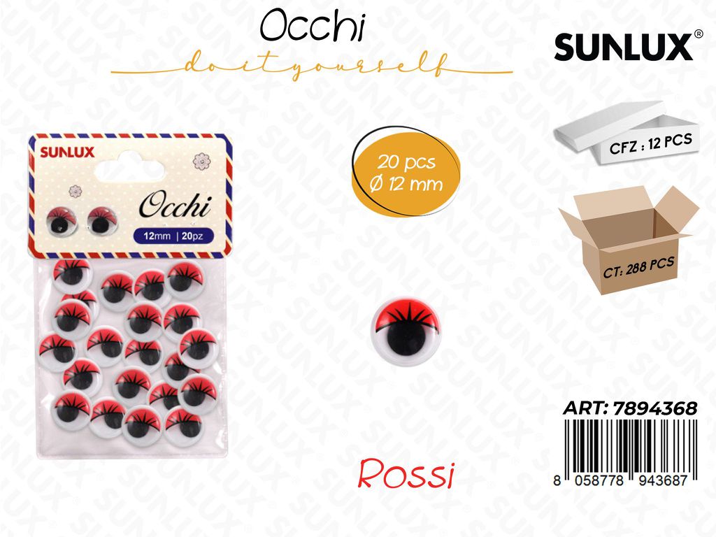 Occhi Dec. c/ Ciglia Rosso 20PCS D.12MM