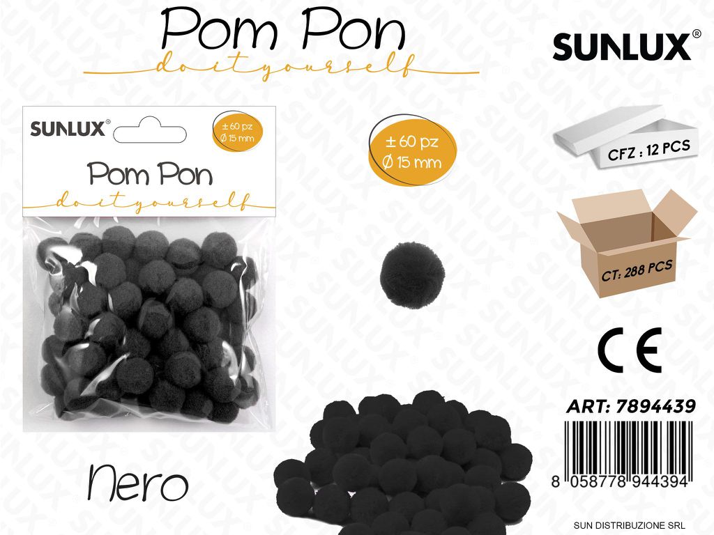 Pom Pon Nero 15MM 60PCS