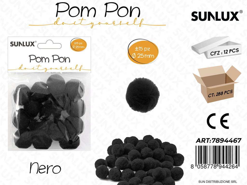Pom Pon Nero D.25MM 15PCS