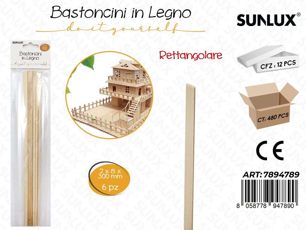 Sunlux Bastoncini Legno Rett. 6PCS 2*8*300MM