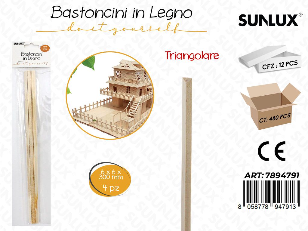 Sunlux Bastoncini Legno Triang. 4PCS 6*6*300MM
