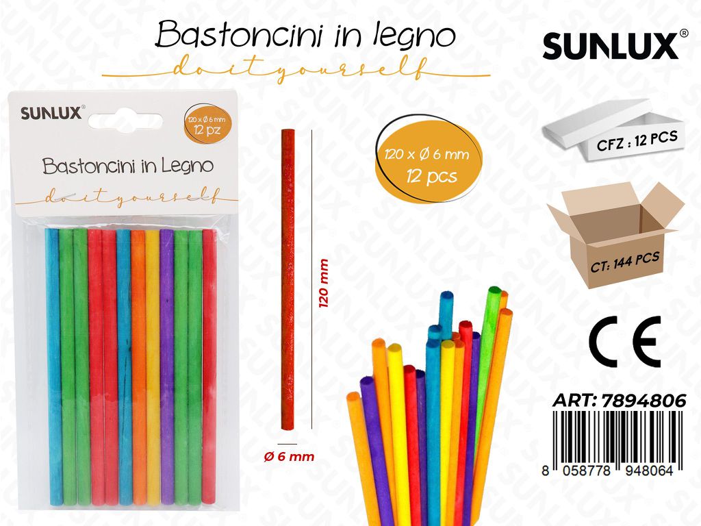 Bastoncini in Legno Col. Ass. 12PCS D.6*120MM