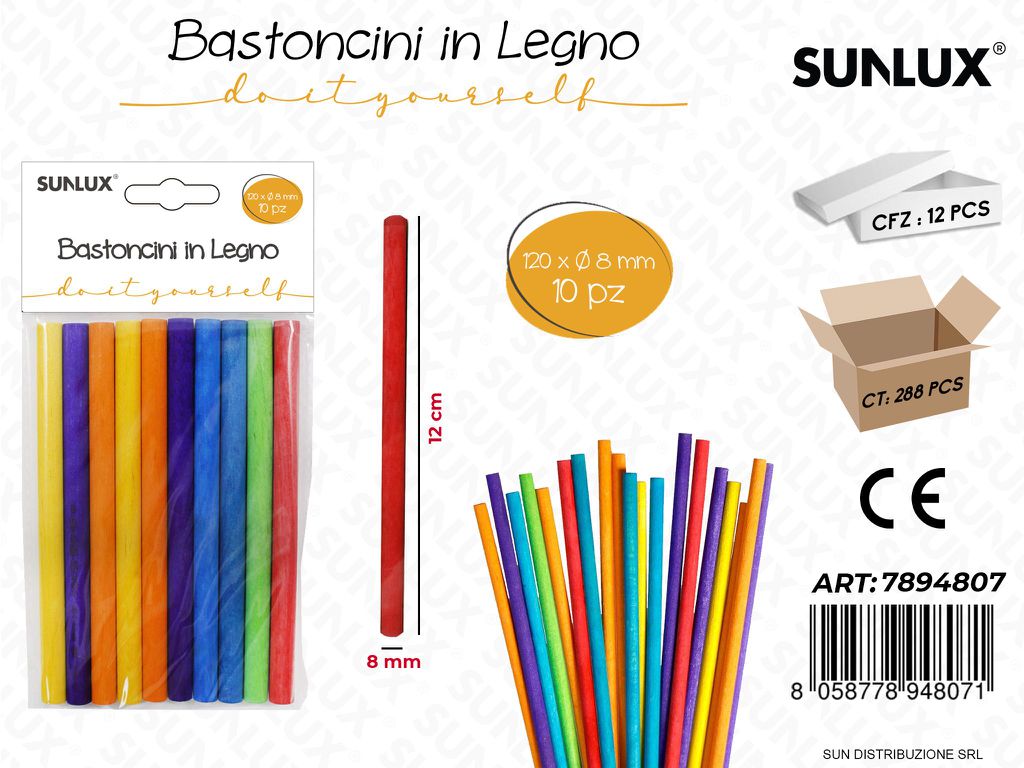 Bastoncini in Legno Col. Ass. 10PCS D.8*120MM