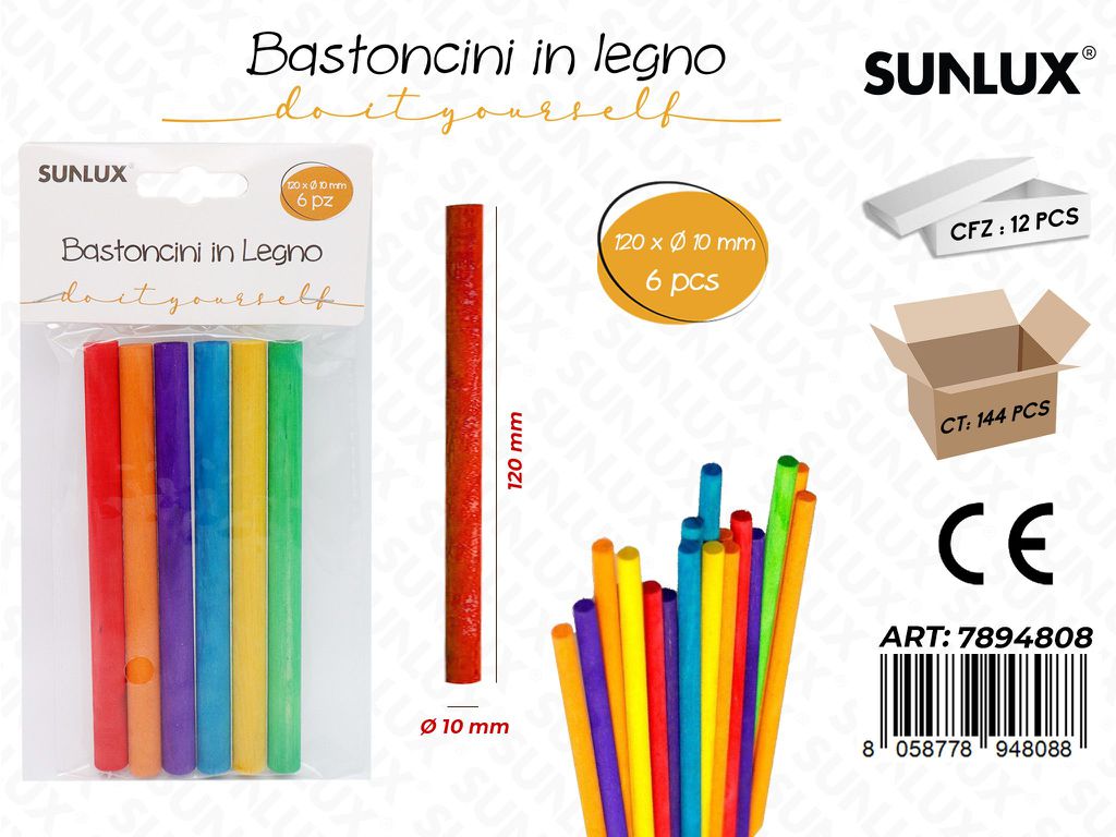 Bastoncini in Legno Col. Ass. 6PCS D.10*120MM