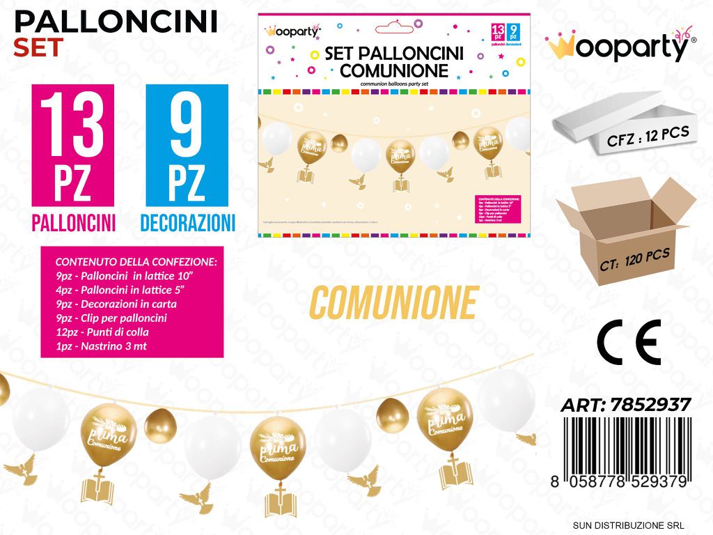Set Palloncini c/ Dec. Comunione 22PCS Ass. / Pz da 12