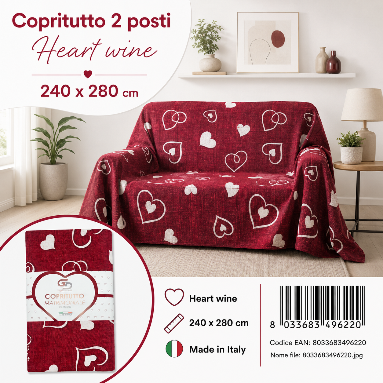 Copritutto 2P Stp Copritutto Heart Wine 240 X 280 Cm Un Colore Per Box