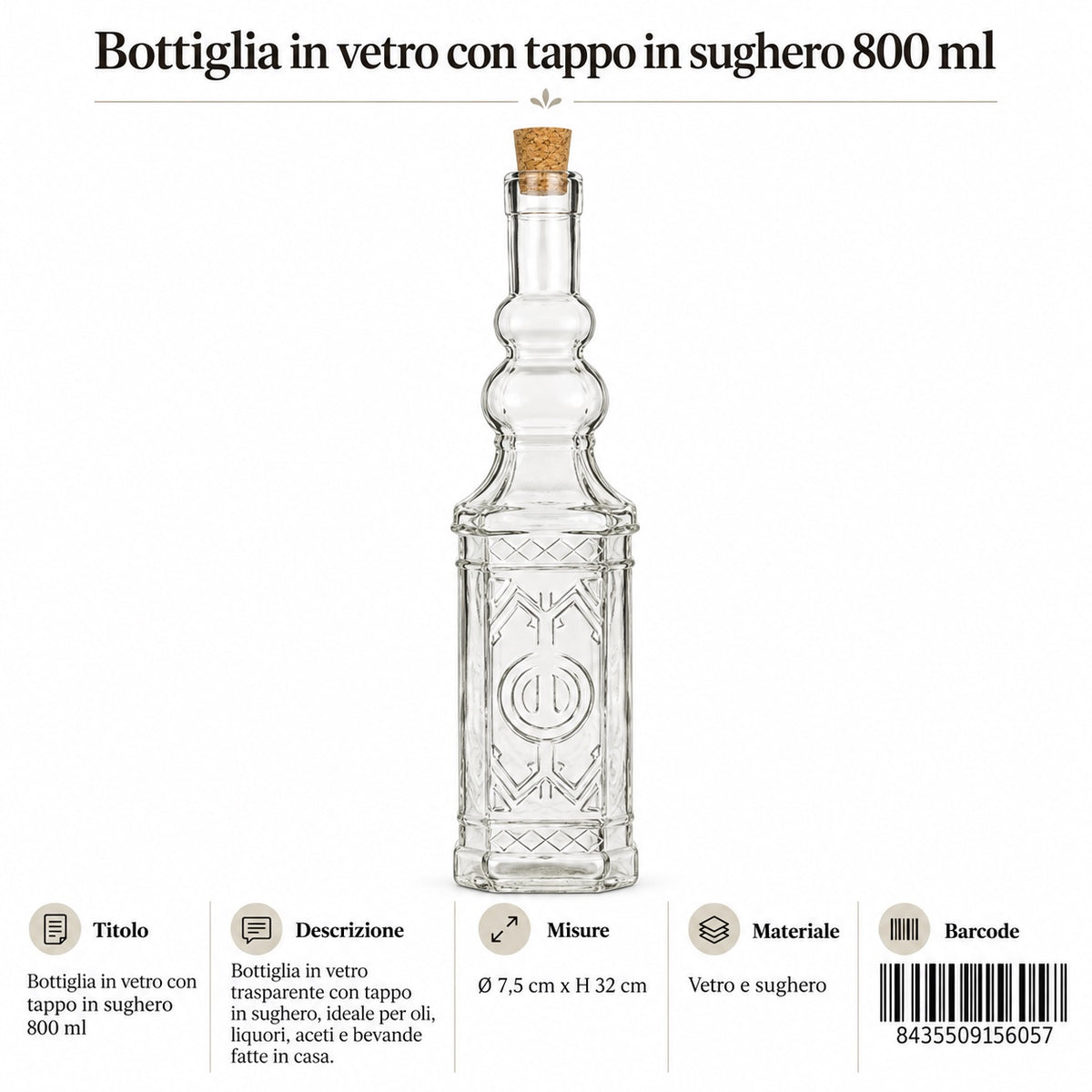 105605 Bottiglia In Vetro Naturale Quadrata Con Tappo In Sughero 800 Ml