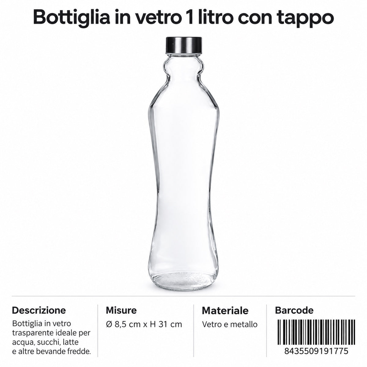 Borraccia Dacqua Vetro 1000Ml C/Tappo Acciaio