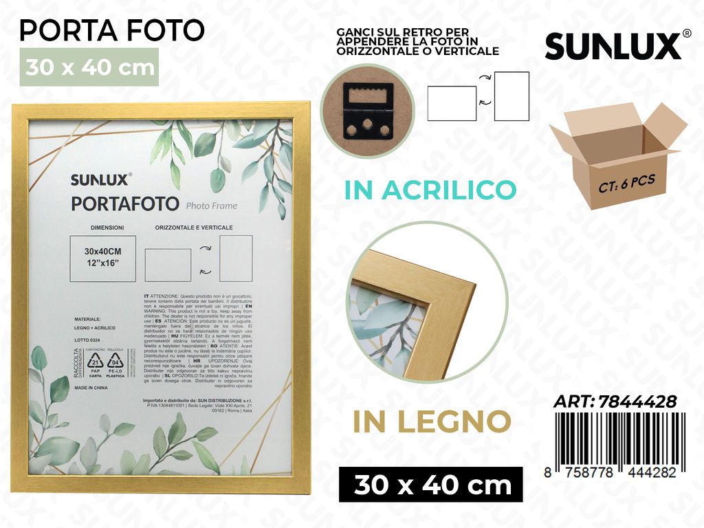 Sunlux Portafoto c/Ganci Oro Legno 30*40CM