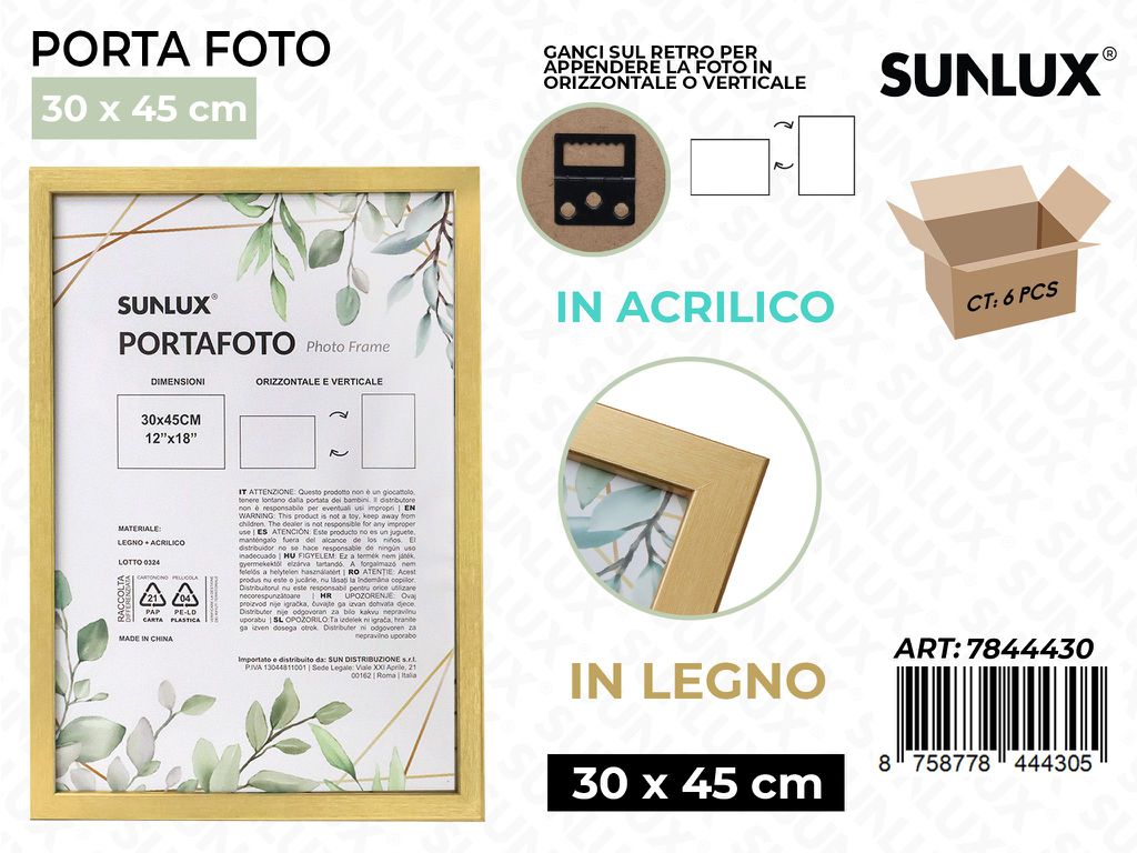 Sunlux Portafoto c/Ganci Oro Legno 30*45CM