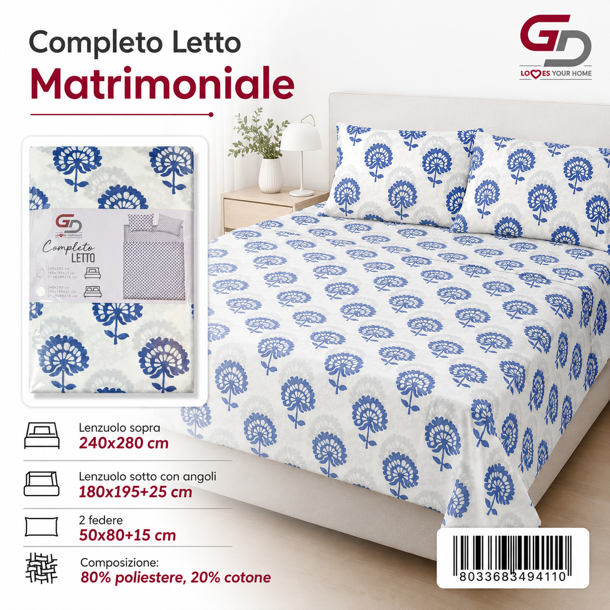 Set Di Lenzuola Matrimoniale 240X280+180X200+5080 Mz 301-Ltm