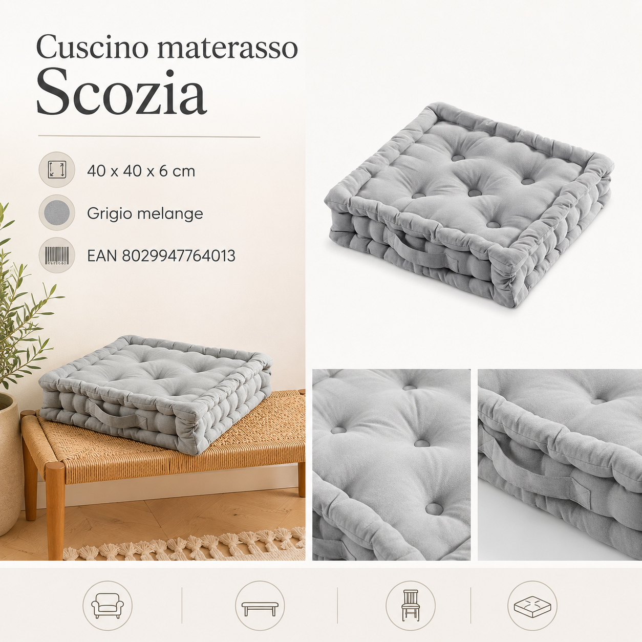 Cusc Mat Scozia 40*40*6 Grigio Mel