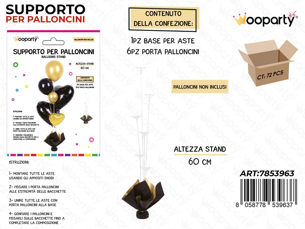 Wooparty Supporto Palloncini Nero-oro 60CM
