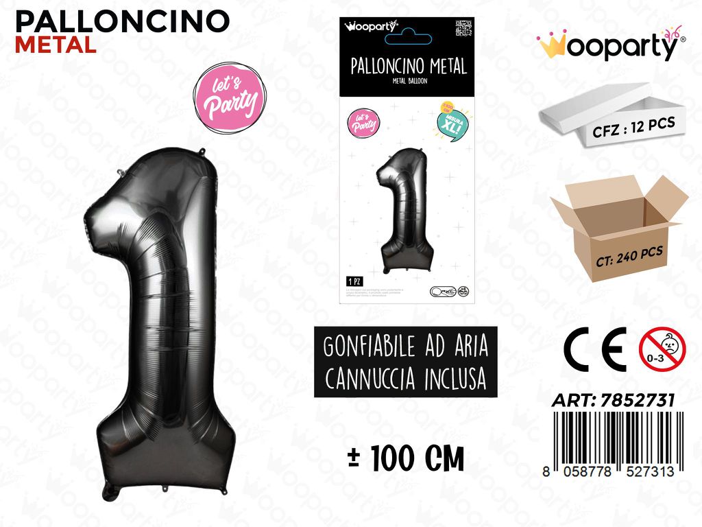 Wooparty Palloncino Metal Nero N.1 100CM