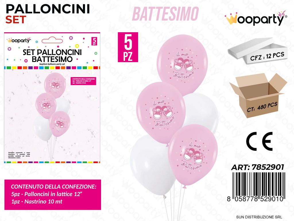 Set Palloncini Battesimo Rosa 5PCS Ass. / Pz da 12
