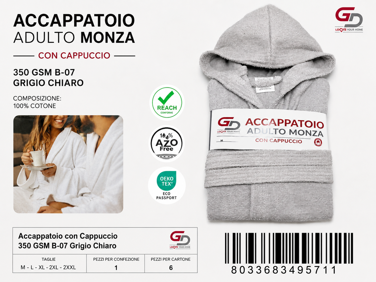 Accappatoio Hooded Bathrobe 350 Gsm B-07 Light Grey