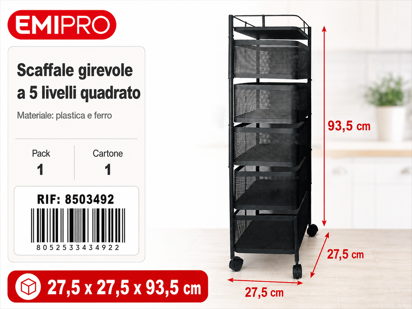 Scaffale Girevole a 5 Livelli Quadrato 27.5*27.5*93.5cm
