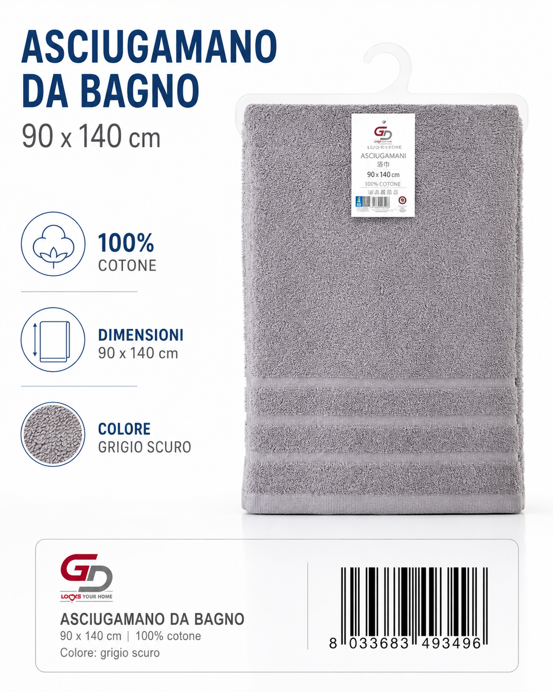 Bath Towels Smoke 90X140 16/S Ring 380
