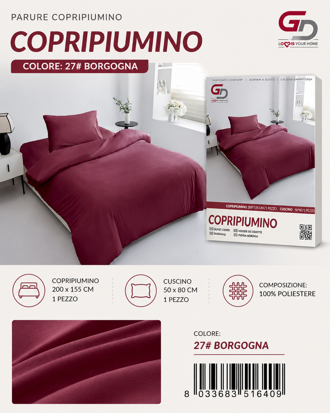 Parure Copripiumino Copripiumino+1 Federa Cuscino 200*155Cm 50*80+20Cm
