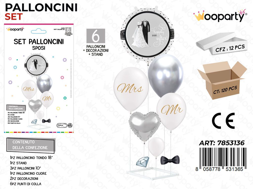 Wooparty Set Pallonc. c/Stand Sposi 6PCS Ass.