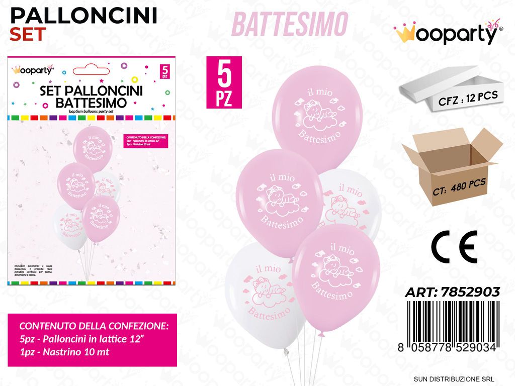Set Palloncini Battesimo Rosa 5PCS Ass. / Pz da 12
