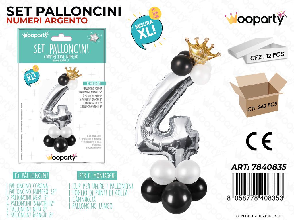 Set 15 Palloncini Argento c/ Corona Xl N.4